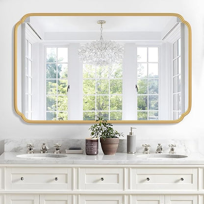 30"x48" Gold Bathroom Mirror for Wall, Large Brass Gold Bathroom Vanity Mirror for Over Sink, Rounded Rectangle Mirror in Premium Iron Metal Frame Hangs Horizontal Or Vertical