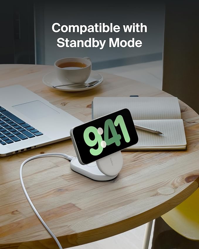 Belkin MagSafe-Compatible Charger, 2-in-1 Magnetic Foldable Charger 15W - Qi2-Certified Wireless Charging for Apple iPhone 16, Apple Watch, Samsung Galaxy S25 w/Non-Slip Base, PSU Included - White