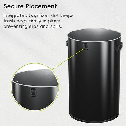 EKO 16-Gallon Round Black Stainless Steel Open Top Trash Can, Large Commercial Waste Bin with Detachable Lid and Carrying Handle, Brushed Metal Garbage Bin for Home, Office, Restaurant, Restroom