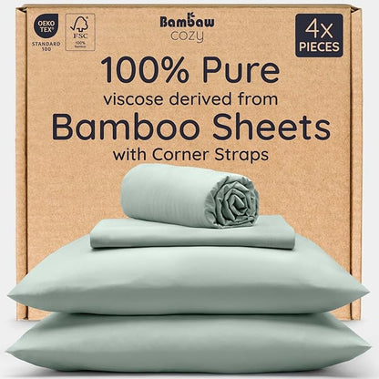 Bambaw 100% Viscose Derived from Bamboo Sheets California King Size – 4pcs Deep Pocket Cooling Sheets, Fits Up to 16'', Buttery Soft & Luxury California King Set (Sea Glass)