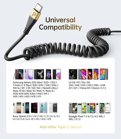 USB C Cable Fast Charging, 2Pack 3ft Coiled USB A to Type C Charge Cord for Car USB-C Charging Cable Compatible with iPhone 17/16/15/Pro/Samsung Galaxy S20 S10 Note 10 and Other USB C Devices-Gold