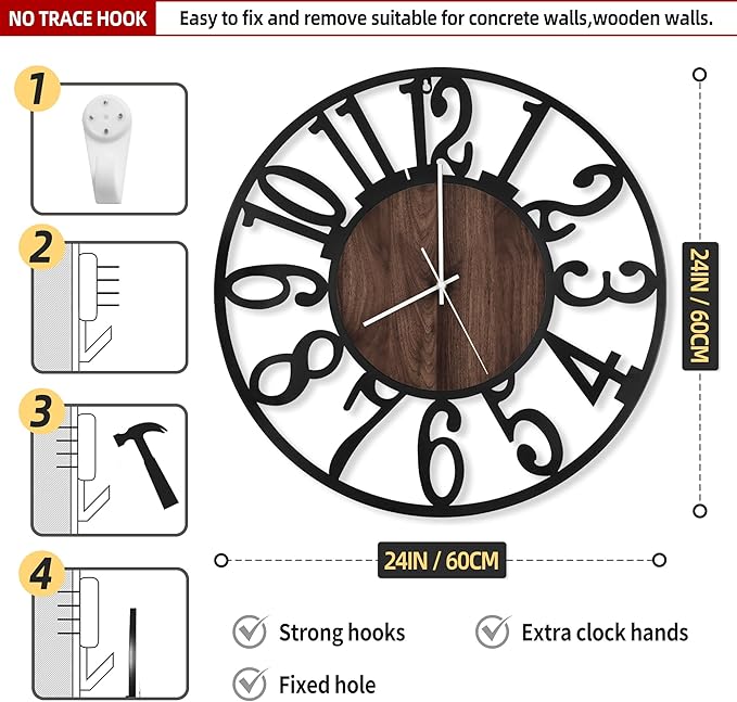 LEIKE Large Wall Clocks with Night Light Battery Operated,Silent Non Ticking,Rustic Modern Big Wood Clock for Living Room, Bedroom,Kitchen,Farmhouse,Office,Home Decor-24 Inch(Black-Arabic Number)