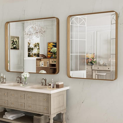 LOAAO 40X36 Inch Bathroom Mirror with Wood Grain Colored Metal Frame, Rounded Rectangle Metal Framed Bathroom Mirror, Anti-Rust, Hangs Horizontally or Vertically, Tempered Glass