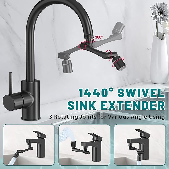 CECEFIN 1440° Rotating-Faucet-Extender Sink Aerator - 1080°+360° Large-Angle Splash Tap Extension with 2 Water Outlet, Swivel Multifunctional Robotic Arm for Kitchen/Bathroom, Black