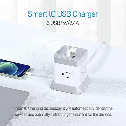 Power Strip with USB, FDTEK Flat Plug Extension Cord with 4 Outlets and 3 USB(1 USB C), 5 FT Power Cord Desktop Charging Station, Overload Protection, Compact Portable for Travel Home Office