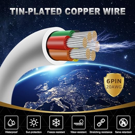 20 Gauge 6 Conductor White Stranded Low Voltage 20/6 Cable, 32.8FT PVC Case, Tinned Copper 6 Wire Extension Power Cable for LED Lamp Lighting, Automotive
