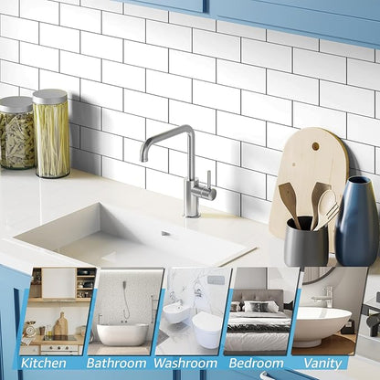 Art3d 102-Piece Peel and Stick Wall Tile for Kitchen Backsplash, Bathroom, Fireplace, 3in. × 6in. Stick on Subway Tile, Glossy White