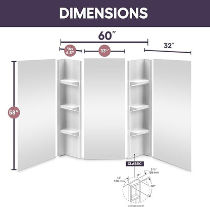 White Polystyrene Tub Wall Surround 32"x 60"x 58" - Waterproof, Easy-to-Install, Two Shelf Units Kit Included - Bathtub Wall Surround Panels - Plain Pattern, Basic Shelves - Noah William Home