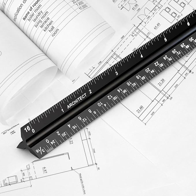 12" Architectural Scale Ruler Aluminum Architect Scale Triangular Scale Ruler for Architects, Draftsman, Students and Engineers, Black