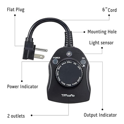 TiFFCOFiO Outdoor Timer Outlet, Dusk to Dawn Light Sensor Timer Weatherproof, 2 Grounded Outlets for Halloween and Christmas Lights, 15A 1/2HP, ETL Listed