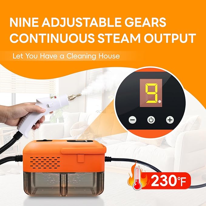 Heavy Duty Handheld Steam Cleaner, 15s Heat-Up, 9-Level Adjustable 2500W Pressurized Steamer for Cleaning with 14 Accessories, Multipurpose Portable Steam Cleanr for Home, Car, Grease, Grout（Orange）
