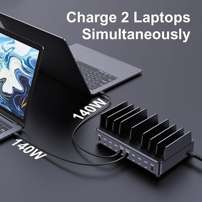 Aftertop 600W USB C Charging Station for Multiple Devices, 10 Ports PD3.1 140W PPS 45W QC60W Fast Charging Block for MacBook Pro Laptop, iPad, iPhone 16 15 Pro Max, Galaxy S24/S23 Ultra etc