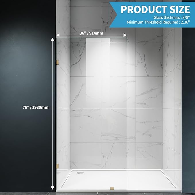 Shower Glass Panel, 36" W x 76" H Fixed Shower Screen Panel with 3/8"(10mm) SGCC Clear Tempered Glass, Frameless Walk in Shower Door for Bathroom (Bright Gold, 36" W x 76" H)