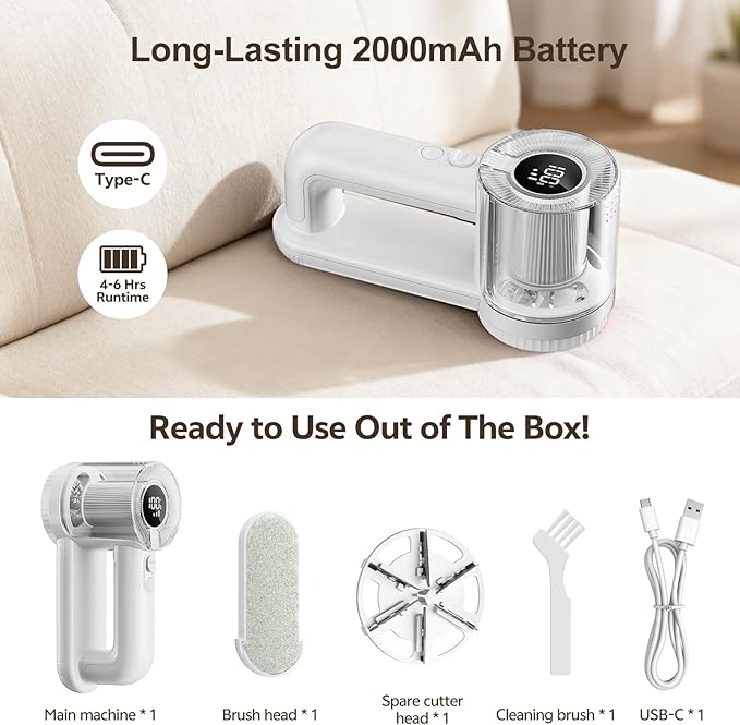 Rechargeable Fabric Shaver, 2-in-1 Lint Remover for Clothing, Furniture, Sweater with 6-Blade, 200ml Container, LED Display, 2000mAh USB-C, 3-Speed Lint Shaver Eliminates Fuzz & Pilling