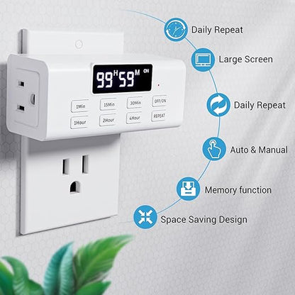 COKWEL Countdown Timer Outlet, Up to 99 Hours, Large Screen and Repeat Function, Inodoor Auto Shut Off Timers for Charger Light Vacation Security,Digital Timers for Electrical Outlets 2 Pack