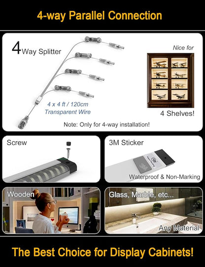 EBD LED Shelf Lights for Bookshelf Display Case Kitchen Counter Bar 4-Way 48” Splitter Parallel Under Cabinet Lighting Built-in Adjustable Cable 8 Panels 3600Lm 4500K Energy Closet Light