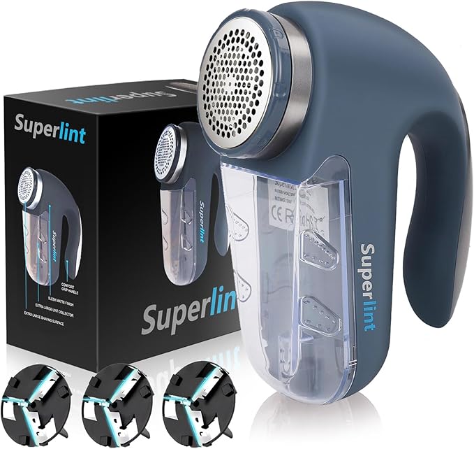 SUPER LINT Electric Sweater Shaver Fuzz Pill Bobble Remover for Fabric Fleece Curtains Clothes, Marine Blue & Silver