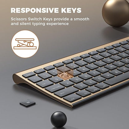 Wireless Keyboard and Mouse, Vssoplor 2.4GHz Rechargeable Compact Quiet Full-Size Keyboard and Mouse Combo with Nano USB Receiver for Windows, Laptop, PC, Notebook-Black Gold