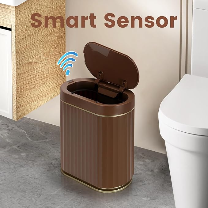 ELPHECO Bathroom Motion Sensor Trash can 2 Gallon Automatic Garbage Can, Slim Plastic Smart Trash Can with Lid, Commercial Intelligent Trash Bin for Bedroom, Bathroom, Office, Brown