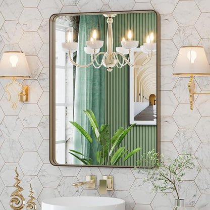 LOAAO 20”X30” Bronze Bathroom Mirrors for Vanity, Rounded Rectangle Brushed Bronze Metal Frame Mirror, Anti-Rust, Hangs Horizontally or Vertically
