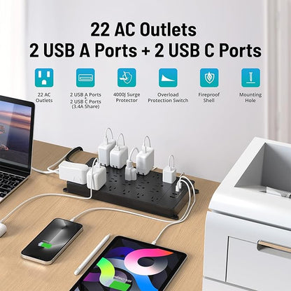 TROND Surge Protector Power Strip, 5ft Flat Plug Extension Cord with Multiple Outlets, 22 Widely Spaced AC with USB Ports, 4000 Joules, Heavy Duty, Wall Mount, Under Desk, ETL Listed, Black