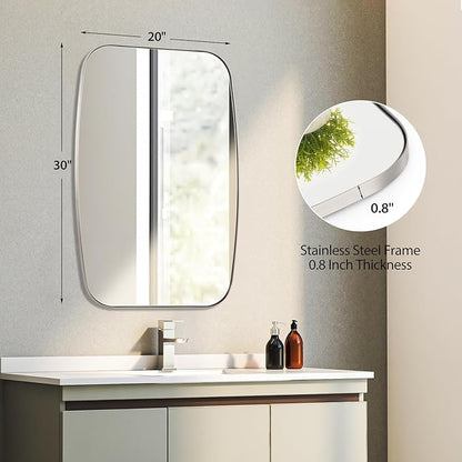 Brushed Nickel Bathroom Mirror, 20"×30" Oval Vanity Mirror with Stainless Steel Metal Frame, Silver Oblong Wall Mount Mirror for Bedroom, Living Room