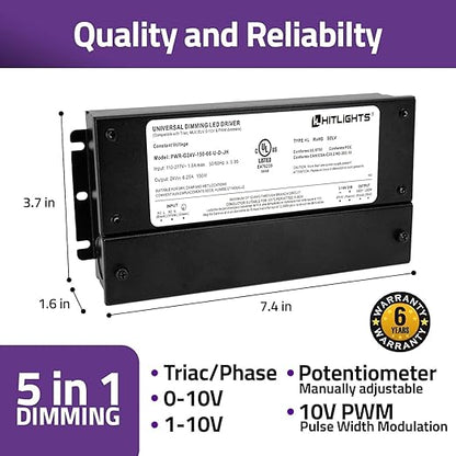 HitLights 150W Dimmable LED Driver, Electronic Transformer, 120V AC to 24V DC Power Supply for LED Strip Light, IP66 Rated, Dimming with TRIAC, 0-10V, 1-10V, Potentiometer, 10V PWM, UL Listed, Class 2