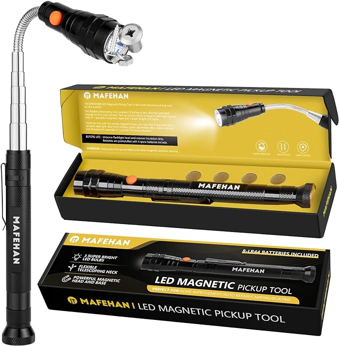 Telescoping Magnetic Pickup Tool with Extendable Flashlight, Unique Mens Gifts for Dad, Husband, Grandpa & Boyfriend – Christmas Gifts, Stocking Stuffers, White Elephant Gifts