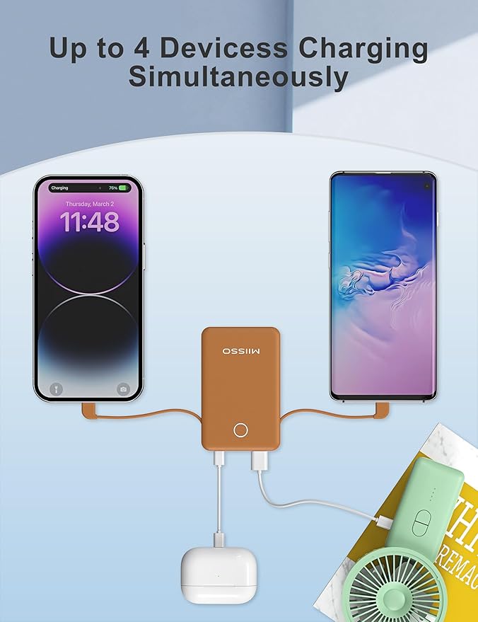 miisso 6000mah Ultra Slim Built in Cables Power Bank, Card Size Built in USB C Cords Battery Pack Portable Charger for Phones, 3 Output External Battery Pack Compatible with iPhone, Brown