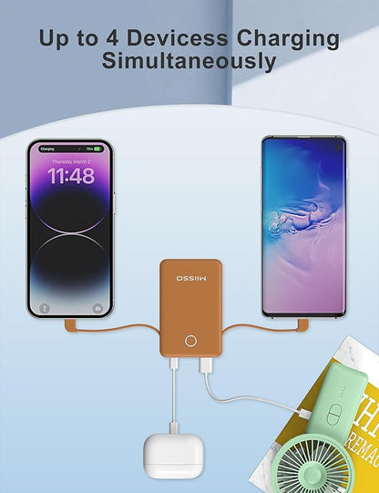 miisso 6000mah Ultra Slim Built in Cables Power Bank, Card Size Built in USB C Cords Battery Pack Portable Charger for Phones, 3 Output External Battery Pack Compatible with iPhone, Brown