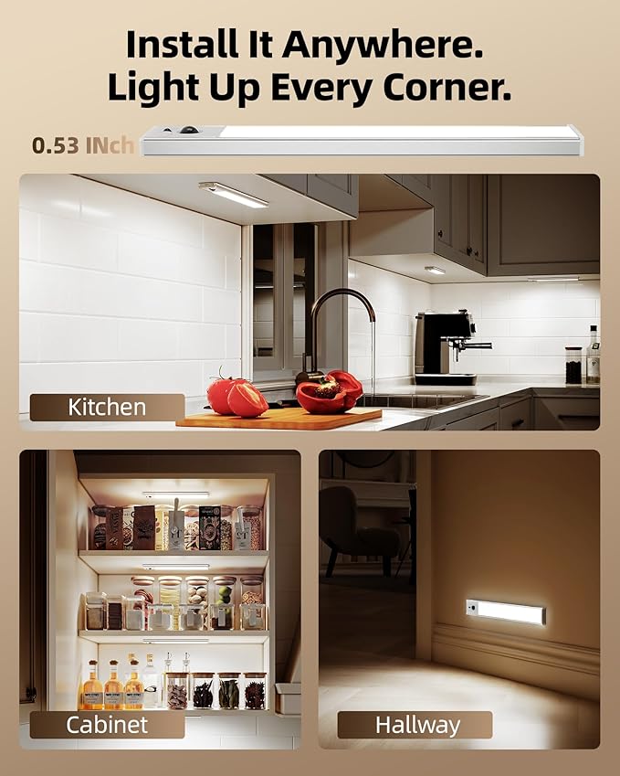 EZVALO 5 Pack Under Cabinet Lighting, 2400mAh Rechargeable Motion Sensor Light, 10inch Magnetic Closet Lights with Dimmable & 3 Color Temps, Wireless Motion Activated Lights with Remote for Kitchen