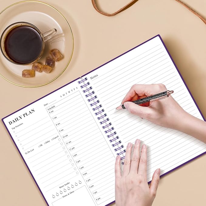 Daily Planner Undated - A5 To Do List Notebook Hourly Schedules, Spiral Appointment Planner for Women and Men, PVC Hardcover, Inner Pocket, Elastic Closure, 5.8" x 8.3", Purple
