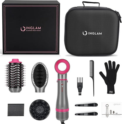IG INGLAM 4 in 1 Blowout Brush, Negative Ion Detachable Hair Dryer & Styler Volumizer Hot Air Brush with 2 Styling Brush Heads, Silver