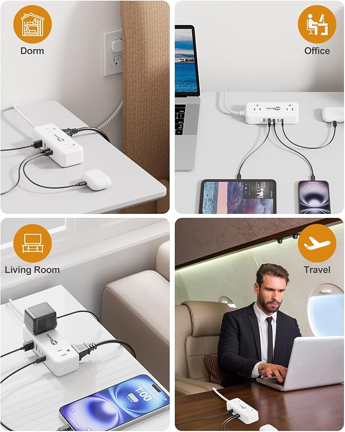 PD30W USB C Travel Power Strip,Cruise Power Strip with 5 USB(3 USB-C) Ports and 4 Outlets, Braided Extension Cord 5Ft, 30W Fast Charging Station Compatible with MacBook Laptops iPad Pro iPhone Samsung