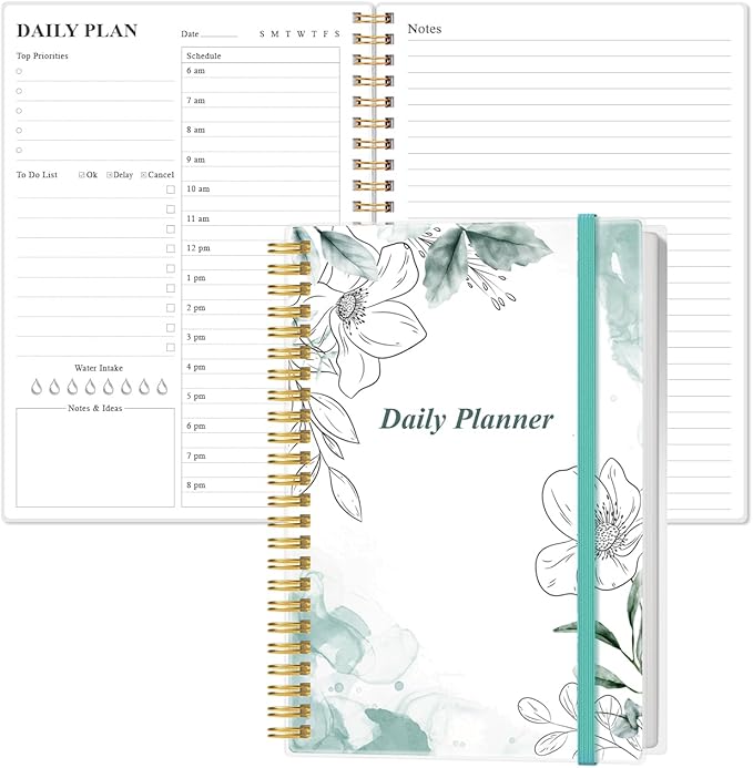 Daily Planner Undated - A5 To Do List Notebook Hourly Schedules, Spiral Appointment Planner for Women and Men, PVC Hardcover, Inner Pocket, Elastic Closure, 5.8" x 8.3", Teal Flowers