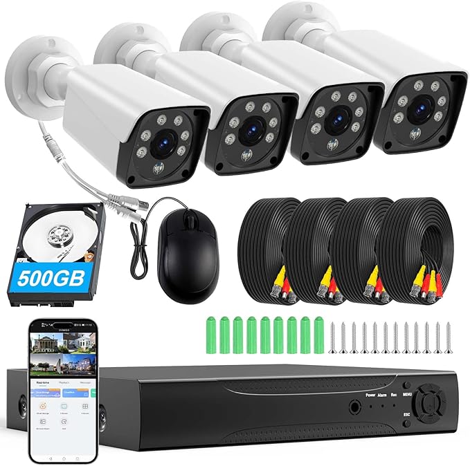 H.265+ Wired Security Camera DVR Kit System with AI Human Vehicle Detection, 4X 1920P 5MP IP67 Metallic Indoor/Outdoor Cameras IR Night Vision, 4K NVR 500GB HDD Included for 24/7 Recording