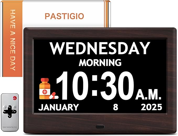 7'' Digital Clocks, 12 Reminders & 6 Alarms, Dementia Clock with Date and Time for Elderly, Auto-Dimming, Button & Remote Control, Auto DST, Digital Calendar for Seniors Large Display, Brown Woodgrain