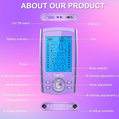 Belfiu TENS & PMS 24 Modes Muscle Stimulator for Pain Relief Therapy, Electronic Pulse Massager Muscle Massager with 10 Pads, Dust-Proof Drawstring Storage Bag, Fastening Cable Ties