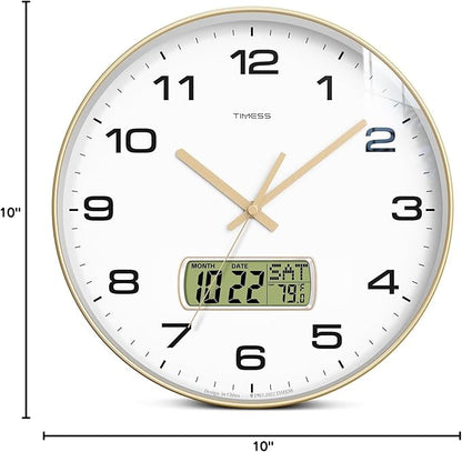 TIMESS Wall Clock, 10" Dial Non-Ticking Silent Battery Operated Analog with LCD Display for Perpetual Calendar and F° Temperature, Ideal Modern Home, Bedroom, Kitchen, Office Decor (Gold)