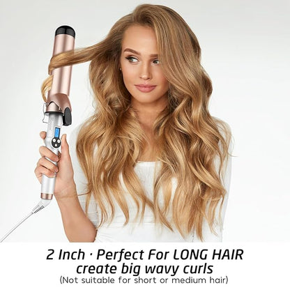 Hoson 2 Inch Curling Iron Large Barrel, Long Barrel Curling Wand Dual Voltage, Ceramic Tourmaline Coating with LCD Display, Glove Include