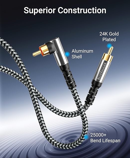 BlueRigger Subwoofer Cable 90D (6FT, RCA Audio, Dual Shielded, Gold Plated, Right Angled Male RCA Connectors) – Compatible with Subwoofer, Amplifier, Home Theater