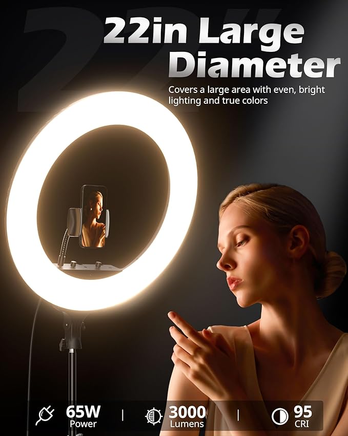 UBeesize 22'' Ring Light with 72'' Stand, 65W Large Ring Light with Phone Holder, Dimmable LED Light for Makeup Barber Stylist Tattoo YouTube TikTok Photography