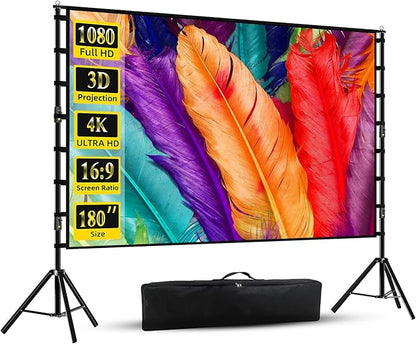 Projector Screen with Stand, Wootfairy 180 inch Portable and Foldable Projection Screen 4K HD 16:9 Rear Front Wrinkle-Free Movie Screen with Carry Bag for Indoor Outdoor Home Theater Backyard Cinema