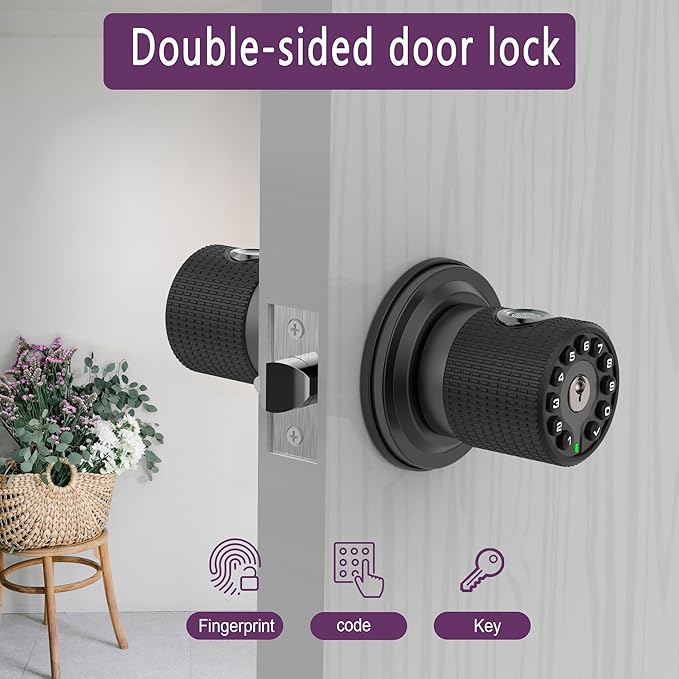 BOTHSTAR Double Sided Keyless Door Knob Lock with Fingerprint and Keypad, Smart Doorknob with Dual Cylinders for Exterior or Interior Door(Double Sided Fingerprint Matte Black)