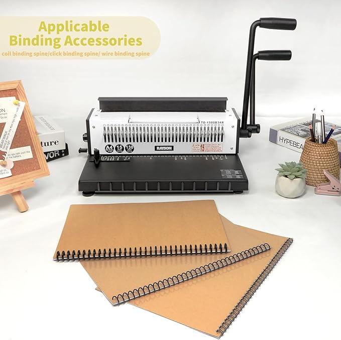 Rayson TD-1500B34R Binding Machine, Round Holes, 3:1 Pitch Wire-O Binder Punch 15 Sheets/Bind 130 Sheets with Sturdy Metal Construction