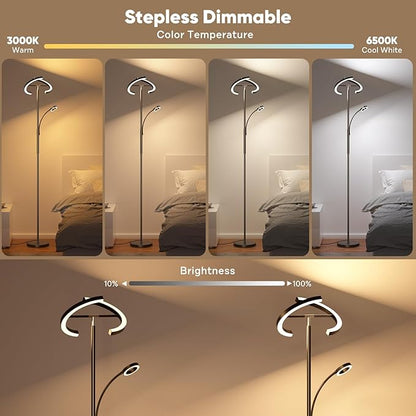 SIBRILLE Upgraded RGBCW Floor Lamp with Reading Lamp, Rotatable Remote Control LED Standing Lamp Dimmable Floor Light Modern Standing Light for Living Room Bedroom Home Office, 36W, Black