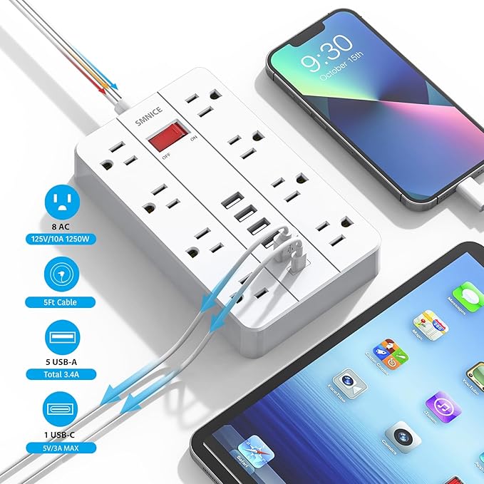 SMNICE Power Strip with USB,Surge Protector Flat Plug with 8 Widely Spaced Outlets and 6 USB Ports(1 USB C), 5ft Extension Cord Wall Mountable Phone Tablet Laptop Computer Multiple Devices