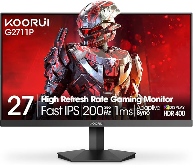 KOORUI 27 Inch Gaming Monitor 200Hz FHD (1920x1080) HDR400, 1ms Fast IPS, 90% DCI-P3, Adaptive-Sync, HDMI 2.0, DP 1.4, VESA Mount, Tilt Adjustable, G2711P