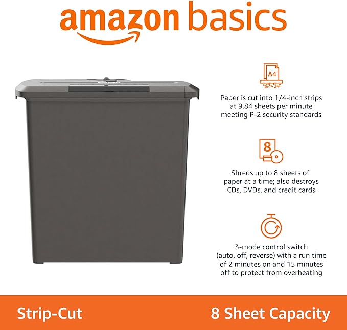 Amazon Basics Paper Shredder for Home and Office, 8-Sheet Strip Cut, CD/ Credit Card Shredder, 3.4 Gallon Wastebasket , Black