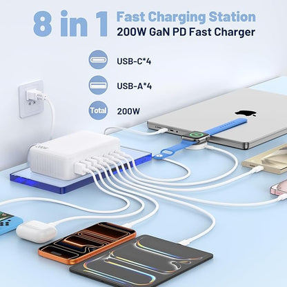 200W USB C Charging Station,8-Port GaN USB C Charger Block,PD 65W Desktop Charger, Power Strip Adapter Compatible with iPhone 17/16/15/14,MacBook Air/Pro,DELL, iPad Pro,Galaxy and More,White